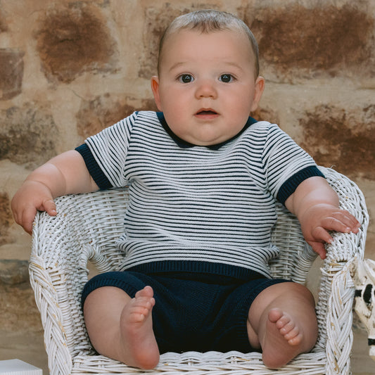 Emile et Rose - Jerry Navy Baby Boys Stripe Knit Top and Shorts Set